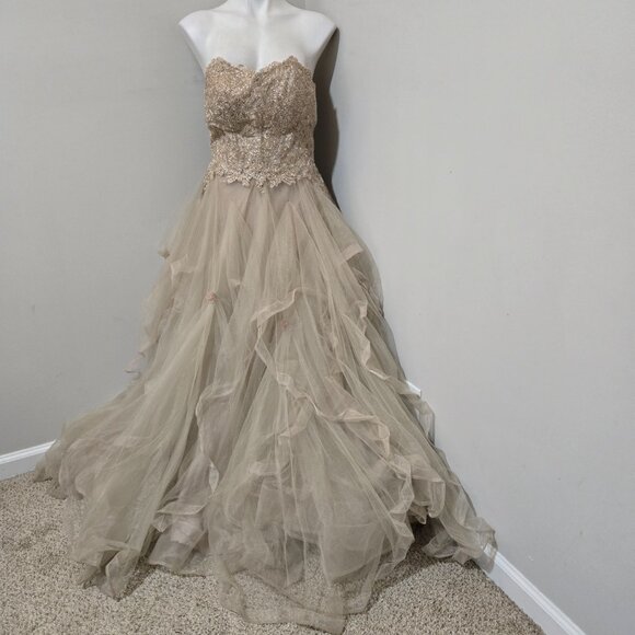 12 Sherri Hill 52504 Strapless Tulle Pickup Ruffle Gown Metallic Lace & Rosettes - Picture 3 of 13